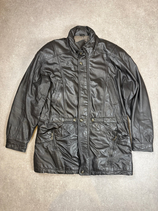 Vintage Prince Herren Ledermantel Schwarz – Echtleder Jacke Weltkarten-Futter Gr. 56