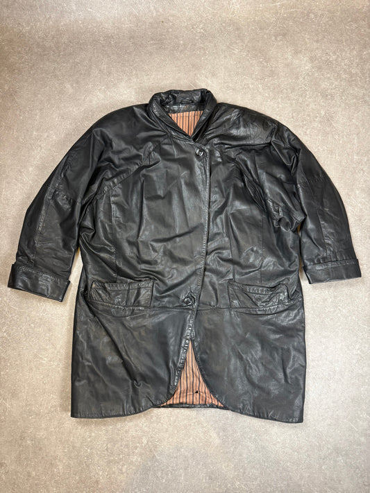 Vintage Ledermantel Schwarz Echtleder – 80er 90er Leder Kurzmantel Oversize