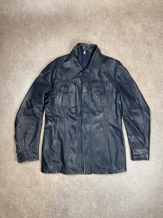 Vintage Herren Lederjacke Dunkelblau – Echtleder Hemdjacke 70er 80er Jahre