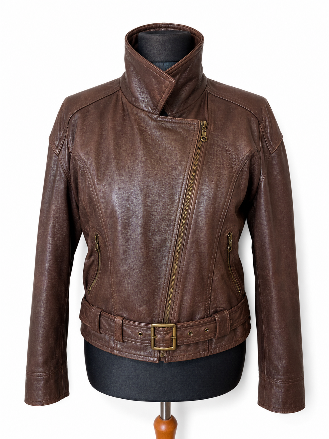 Maddox Lederjacke Damen Braun Gr 46 Echtleder Bikerjacke Jacke mit Gürtel Vintage