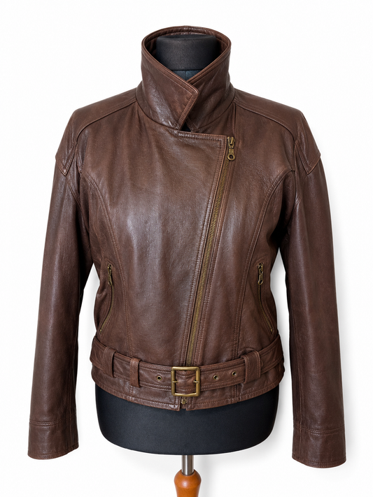Maddox Lederjacke Damen Braun Gr 46 Echtleder Bikerjacke Jacke mit Gürtel Vintage