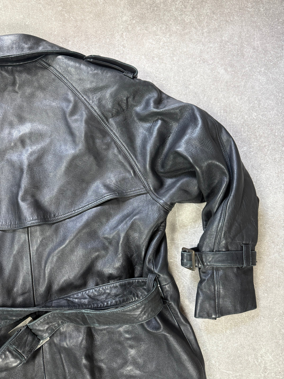 Langer Leder Mantel Damen Schwarz Vintage Trenchcoat Echtleder AB Collection Gr. L