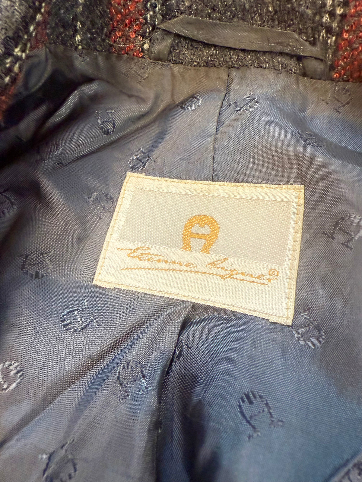 Vintage Aigner Damen Wollblazer Gr. 48 – Schurwolle Kariert Rot Grau