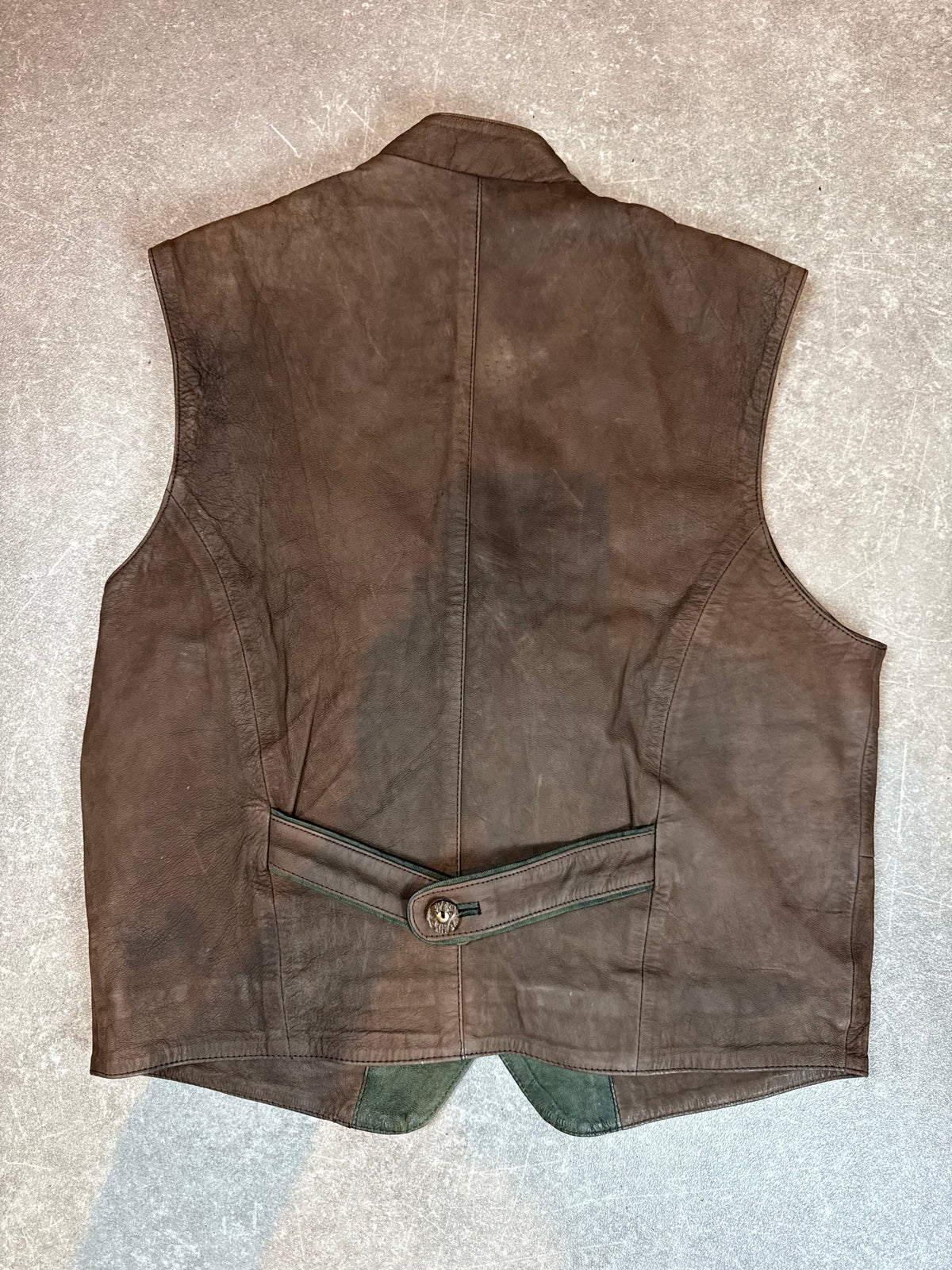 Vintage Herren Lederweste Gr. 48 Braun Grün Echtes Leder Trachtenstil