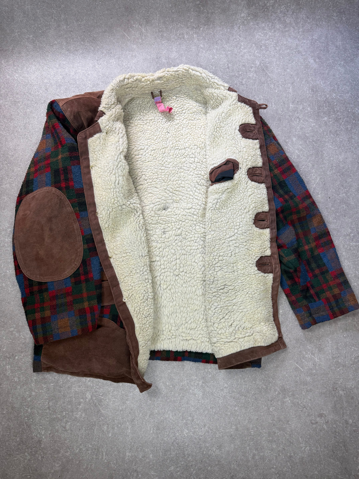 Vintage Lammfelljacke Gr. 48 Karojacke Echtleder Wolle Teddyfutter Oversize