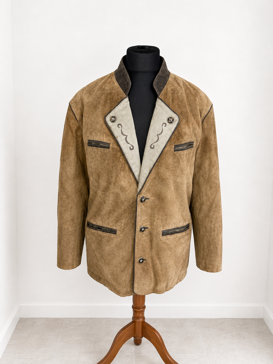 Vintage Trachten Lederjacke Herren Braun Veloursleder Janker Landhausstil