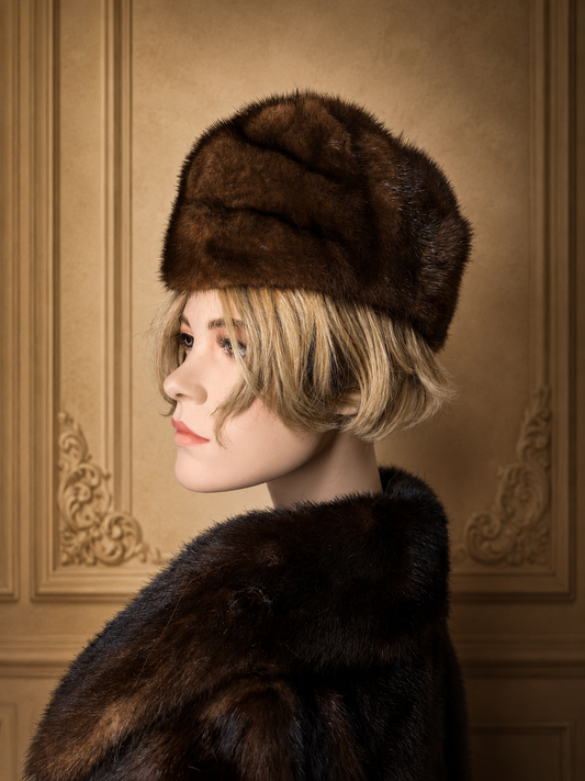 Vintage Nerz Pelzmütze Braun – Damen Echtpelz Wintermütze Klassisch Elegant