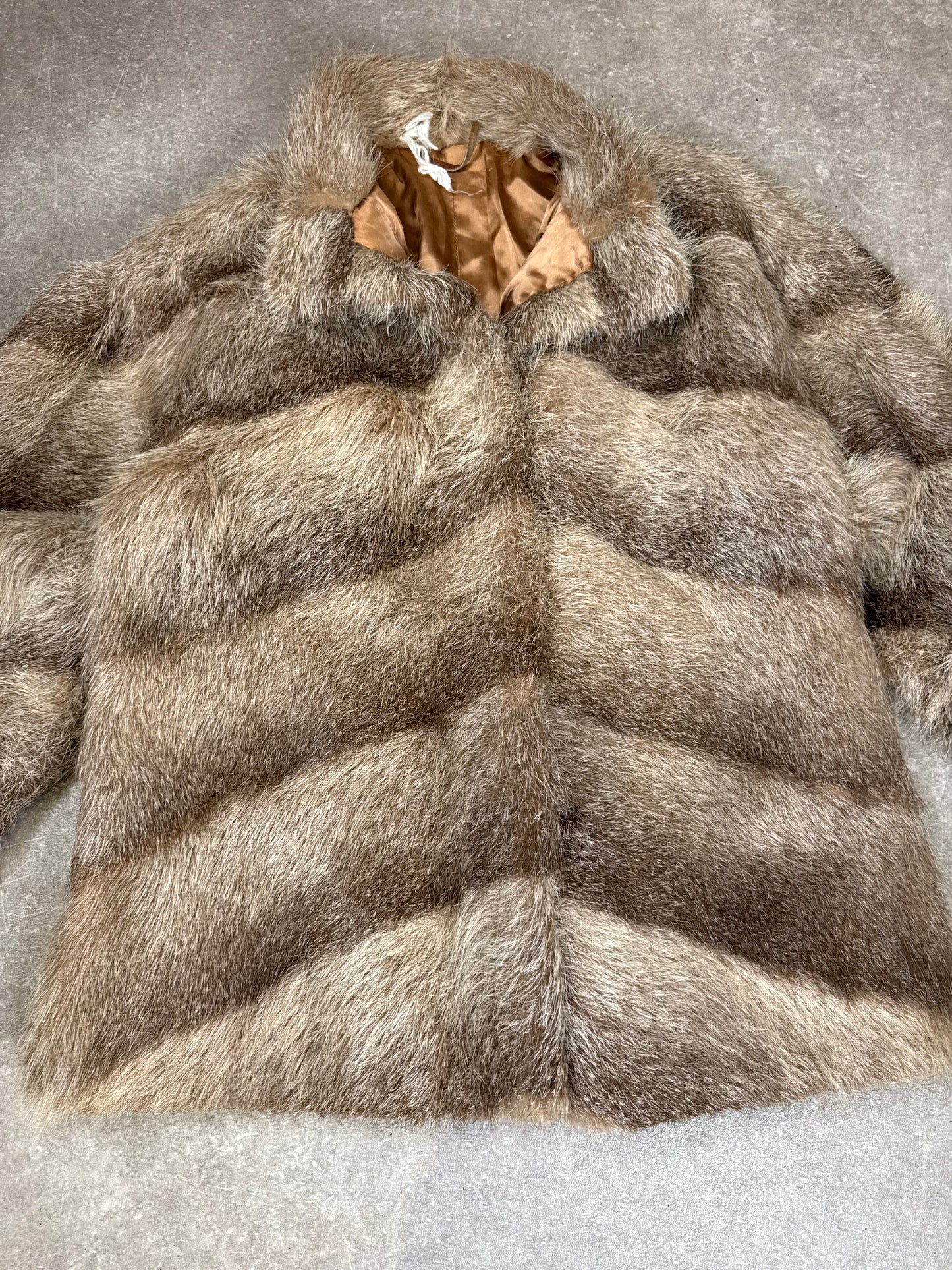 Vintage Echtpelz Kaninchen Pelzmantel Damen XL Braun Beige Pelzjacke Classic Luxus
