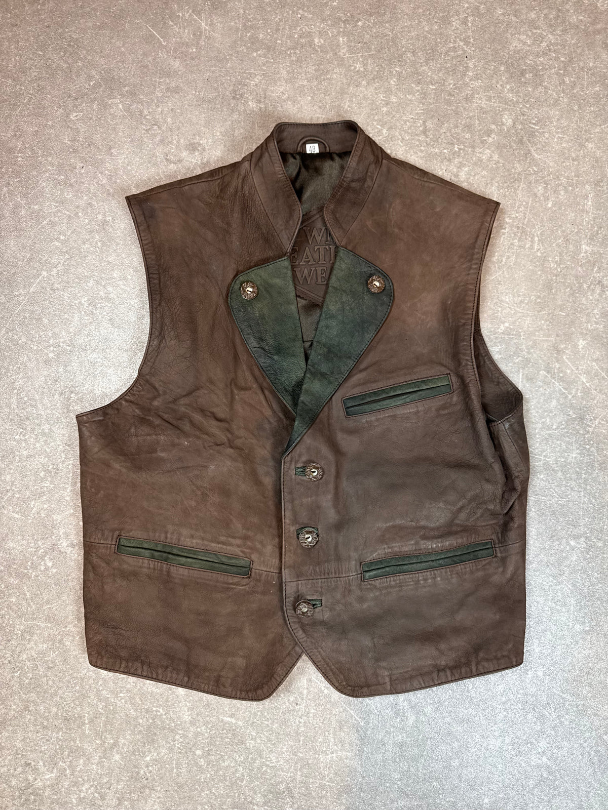 Vintage Herren Lederweste Gr. 48 Braun Grün Echtes Leder Trachtenstil