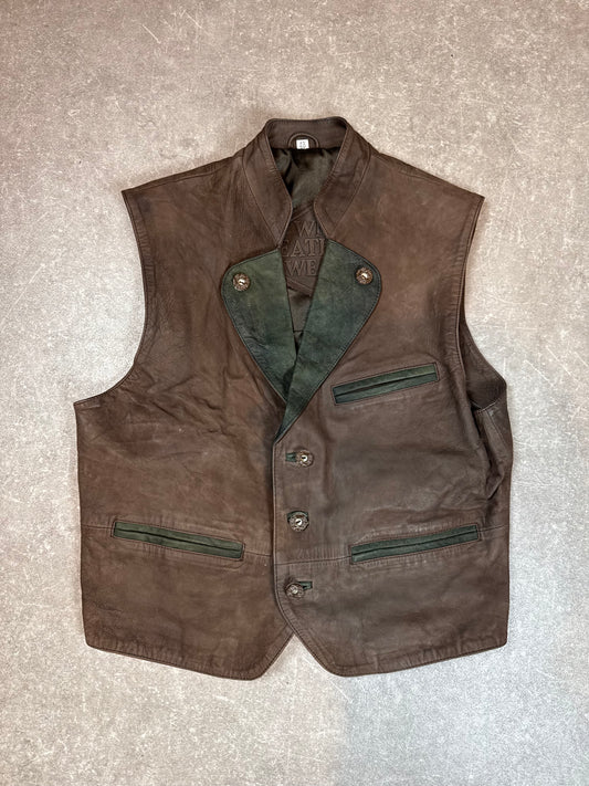 Vintage Herren Lederweste Gr. 48 Braun Grün Echtes Leder Trachtenstil