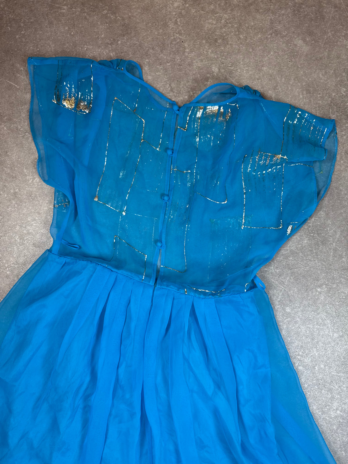 Vintage Abendkleid Blau Hellblau - Maxikleid mit Chiffon Cape & Golddekor