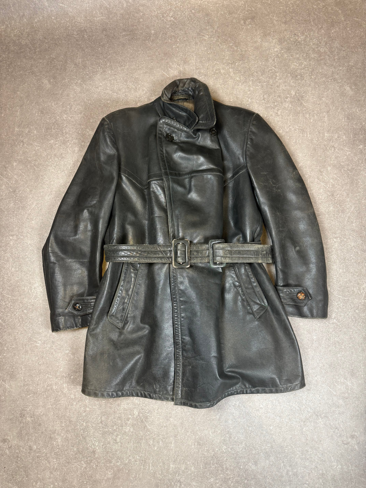 Vintage Shiva Leder Mantel Schwarz Echtleder Gürtel Motorrad Biker 70er 80er