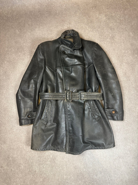 Vintage Shiva Leder Mantel Schwarz Echtleder Gürtel Motorrad Biker 70er 80er