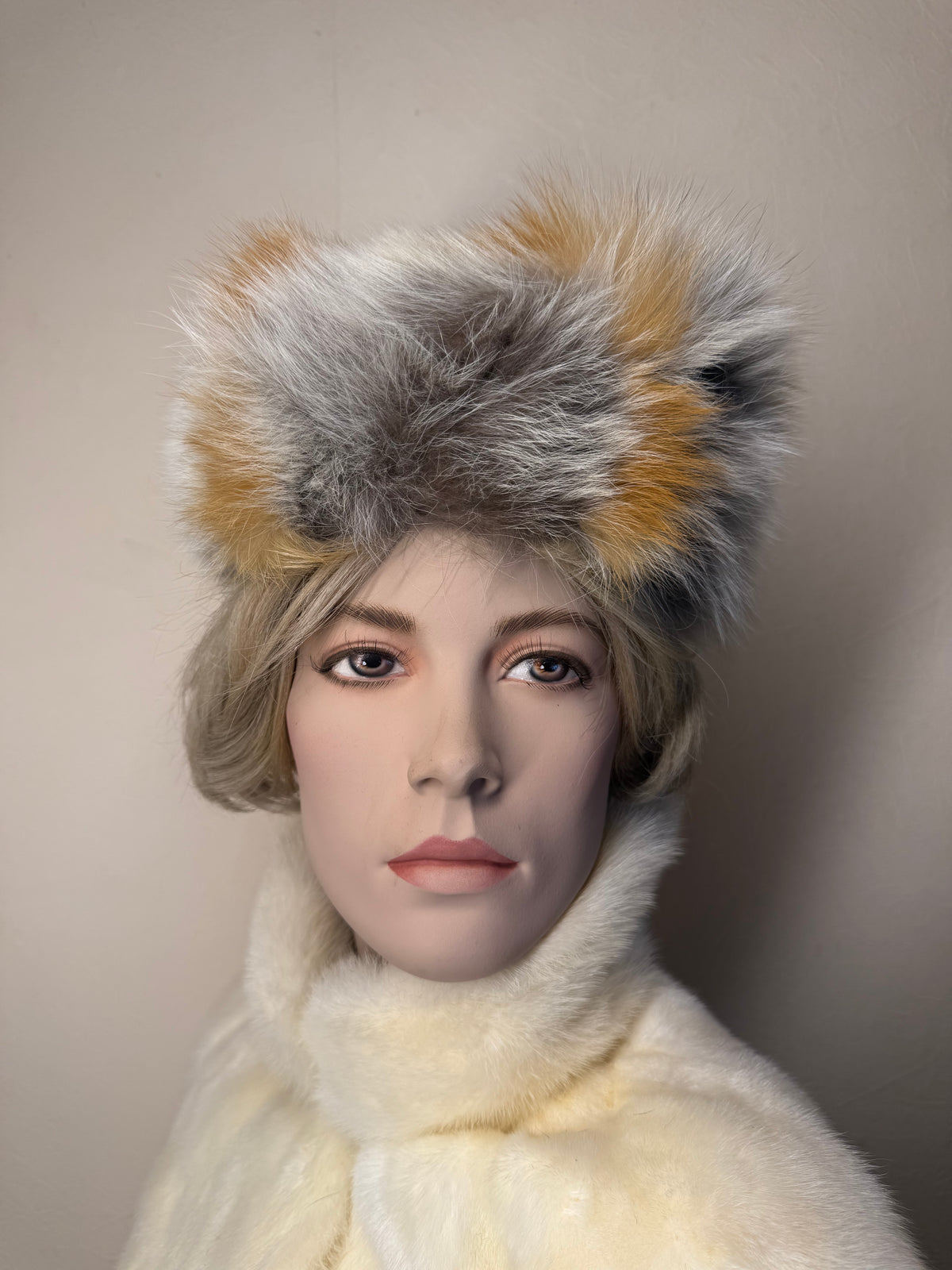 Vintage Rotfuchs Pelzmütze Echtpelz Mehrfarbig Braun Grau Russische Wintermütze Luxury Fur Hat