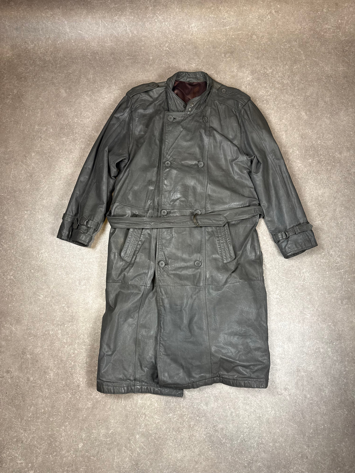 Vintage Herren Ledermantel Gr. 54 Grau Echtleder Trenchcoat mit Gürtel