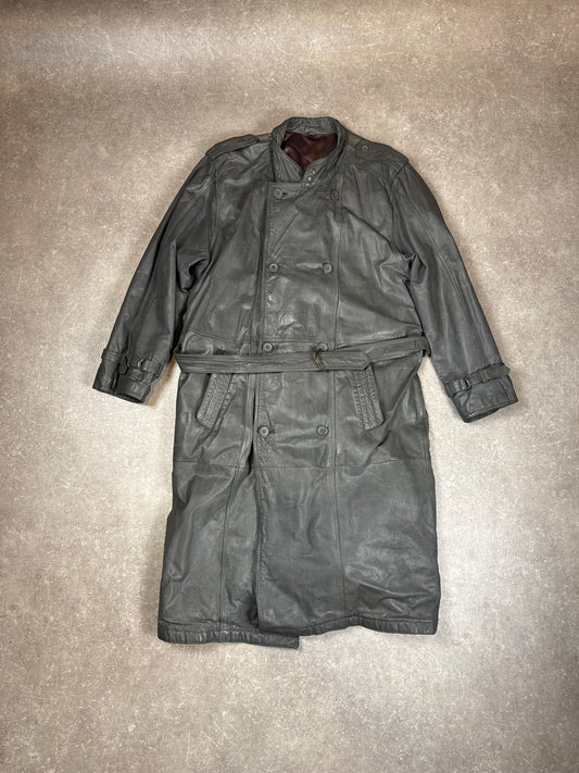 Vintage Herren Ledermantel Gr. 54 Grau Echtleder Trenchcoat mit Gürtel