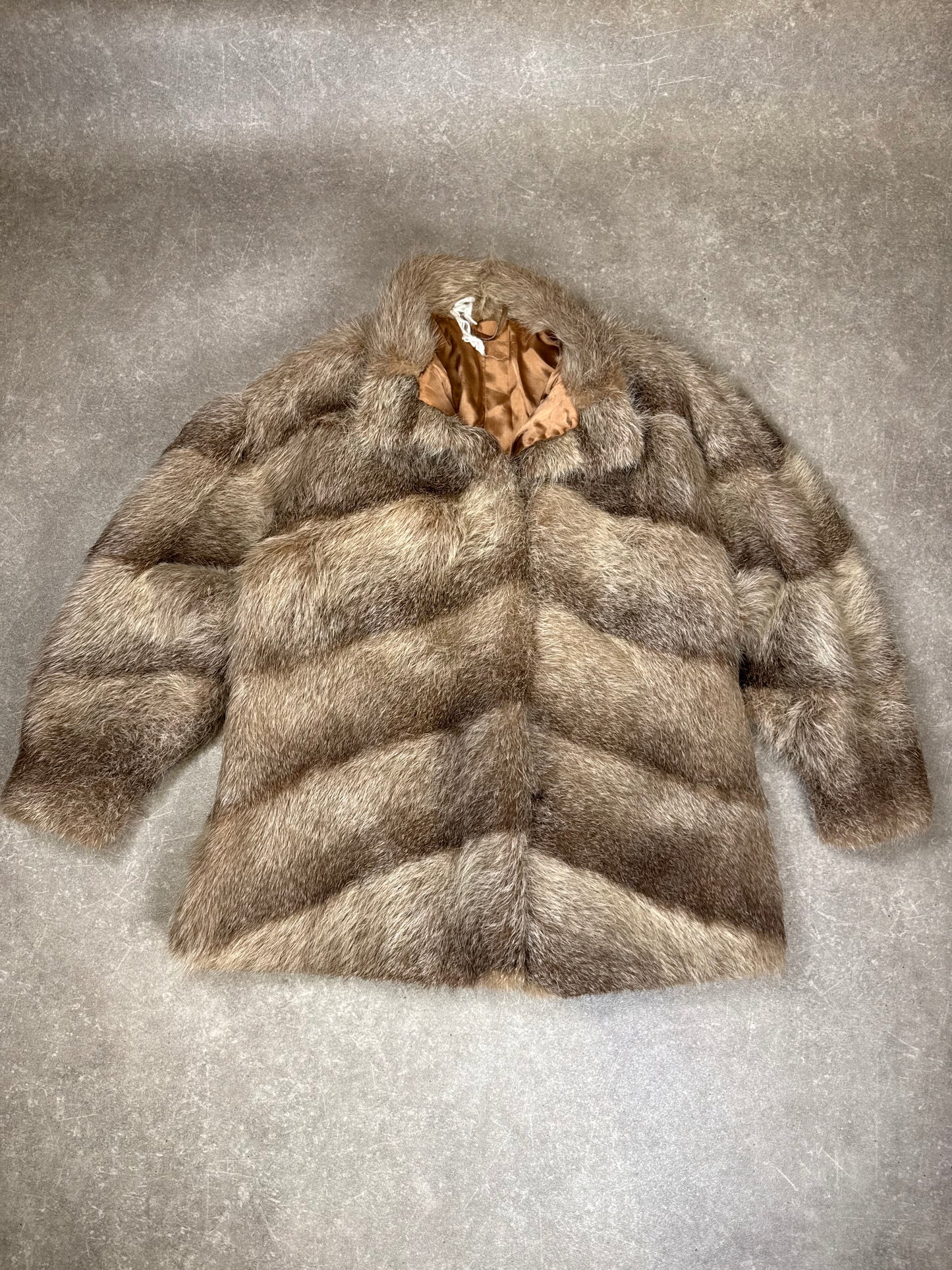 Vintage Echtpelz Kaninchen Pelzmantel Damen XL Braun Beige Pelzjacke Classic Luxus