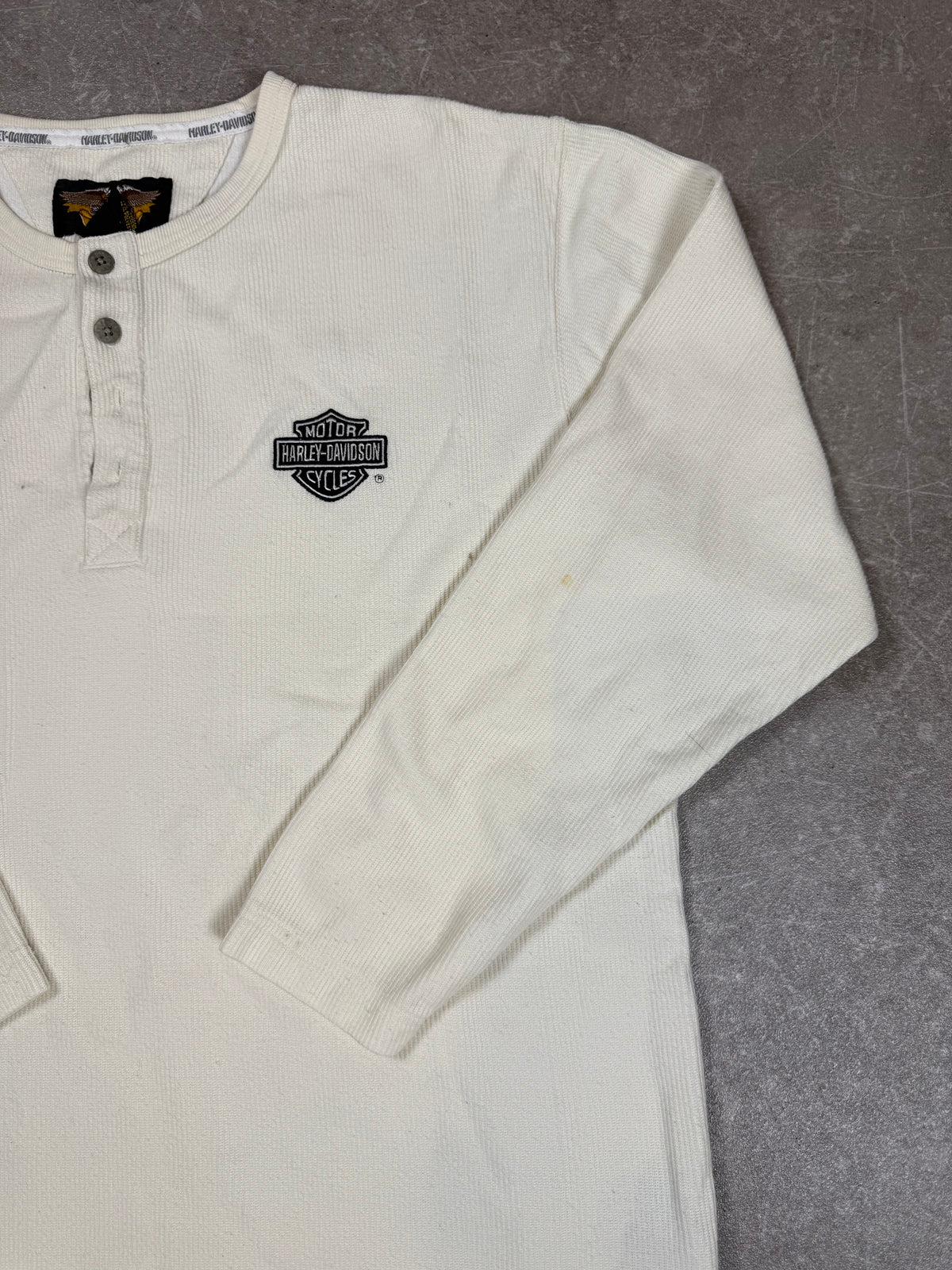 Harley-Davidson Herren Henley Shirt L – Vintage Langarm Creme Weiß