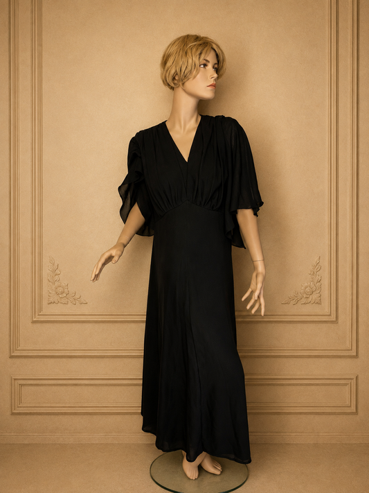 Vintage Damen Abendkleid Schwarz – Langes Maxikleid mit Flügelärmeln