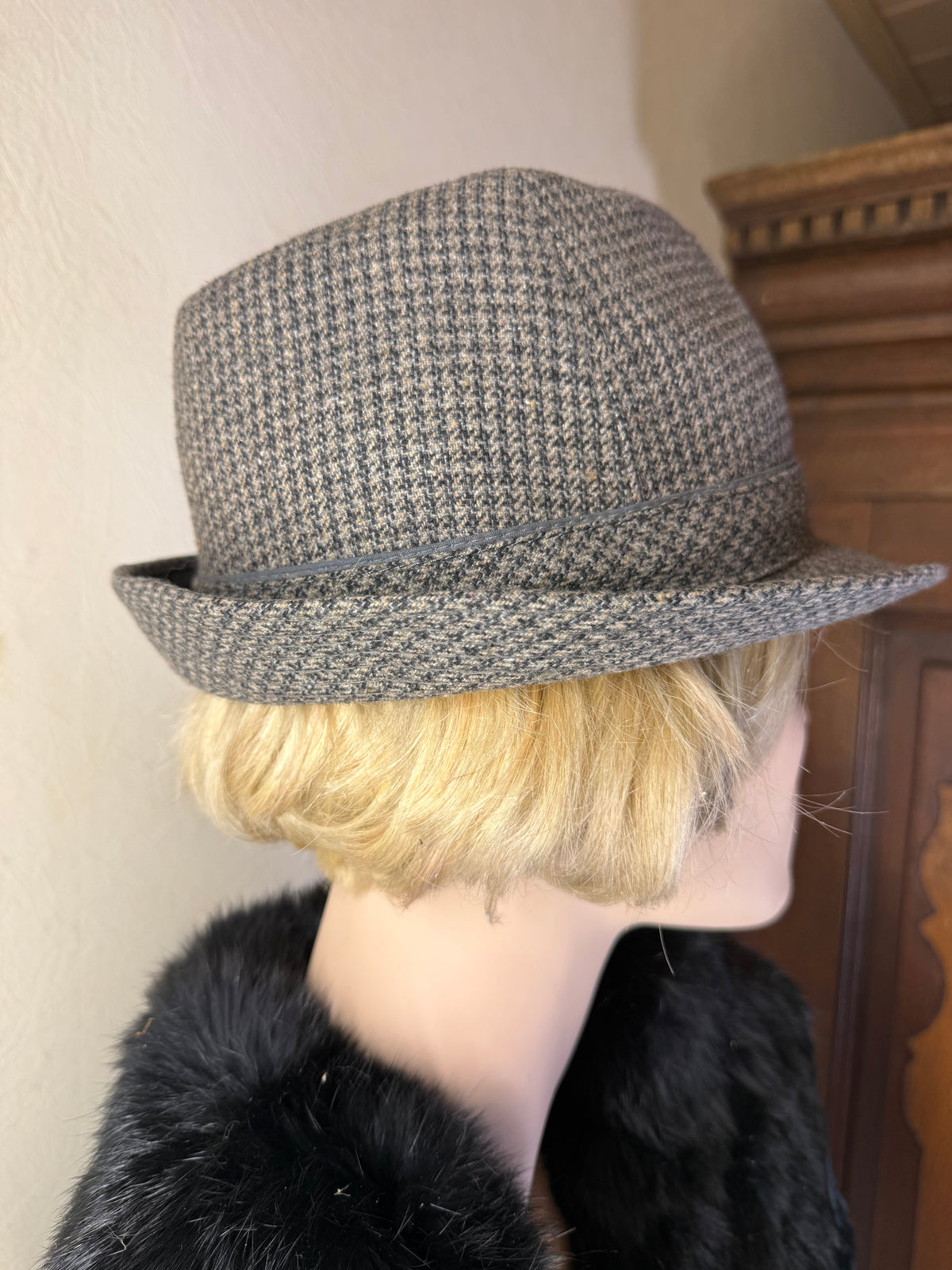 Vintage Fedora Hut Wolle Hahnentritt Grau Schwarz – Klassischer Trilby