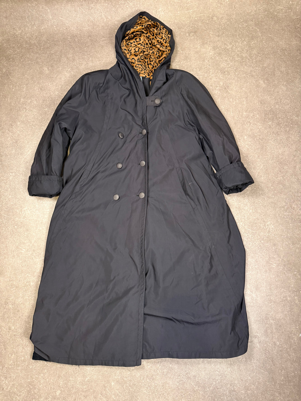 Vintage Damen Mantel Schwarz mit Leo Kapuze Leopard Longcoat Oversize
