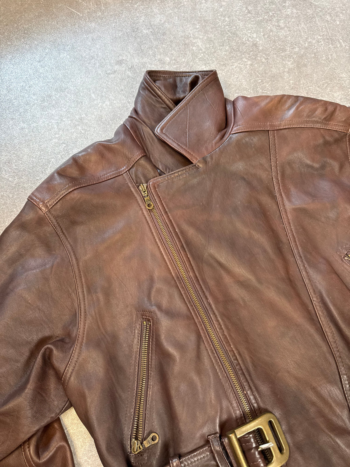 Maddox Lederjacke Damen Braun Gr 46 Echtleder Bikerjacke Jacke mit Gürtel Vintage