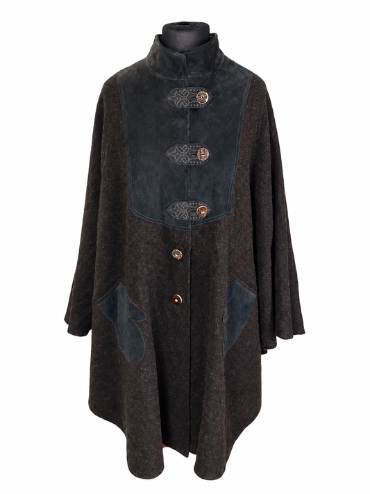 Julius Lang Trachten Cape Poncho Damen Braun Wildleder Wollcape Oversize Vintage