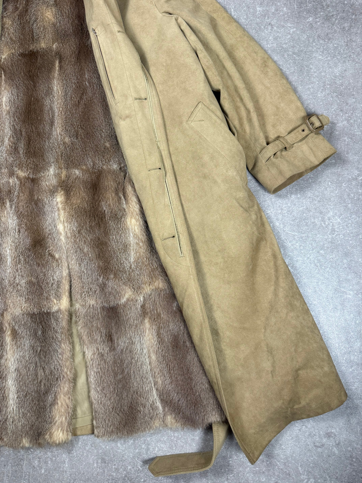 LODENFREY Vintage Herren Ledermantel mit Echtfellfutter Beige