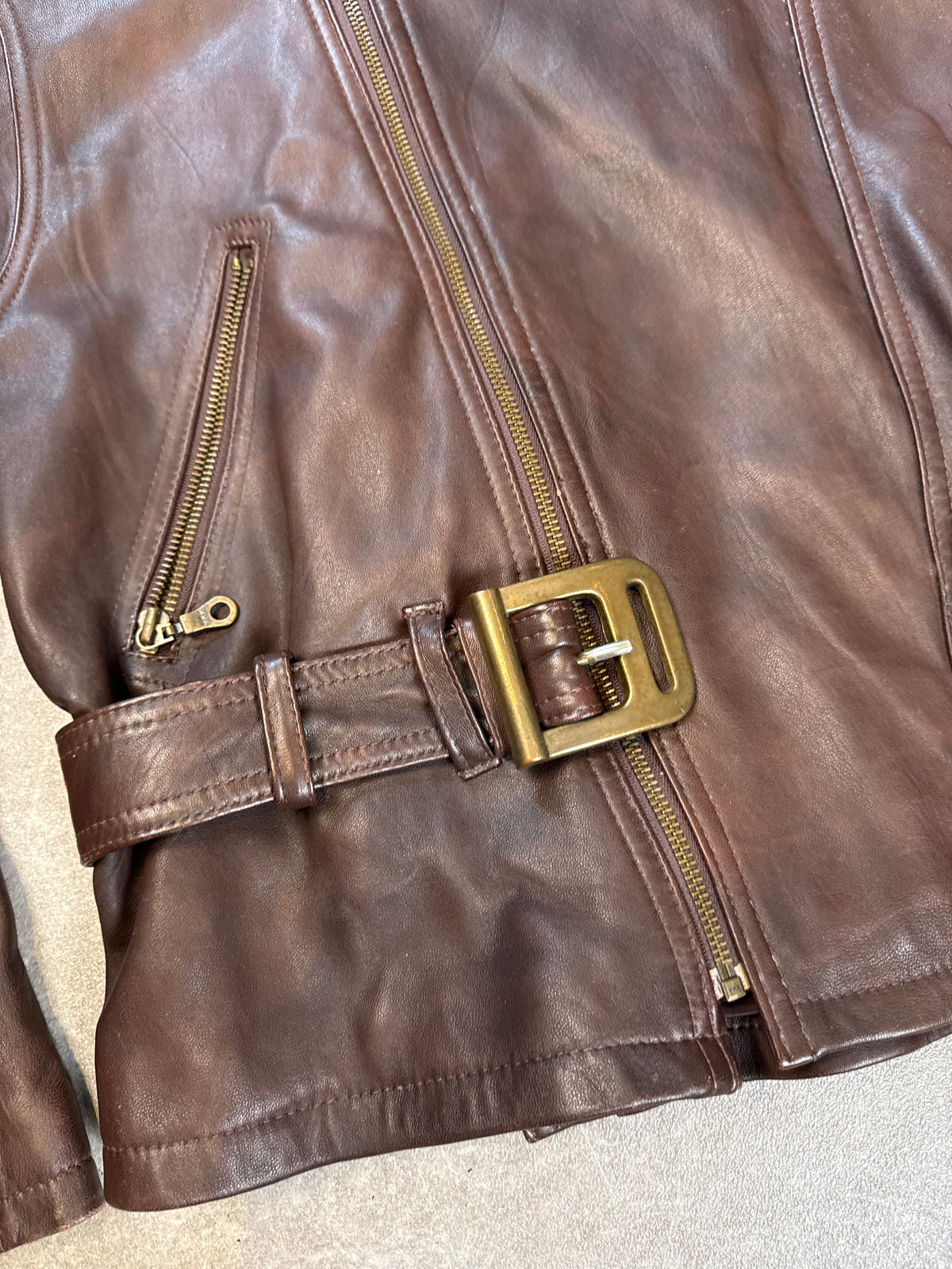 Maddox Lederjacke Damen Braun Gr 46 Echtleder Bikerjacke Jacke mit Gürtel Vintage