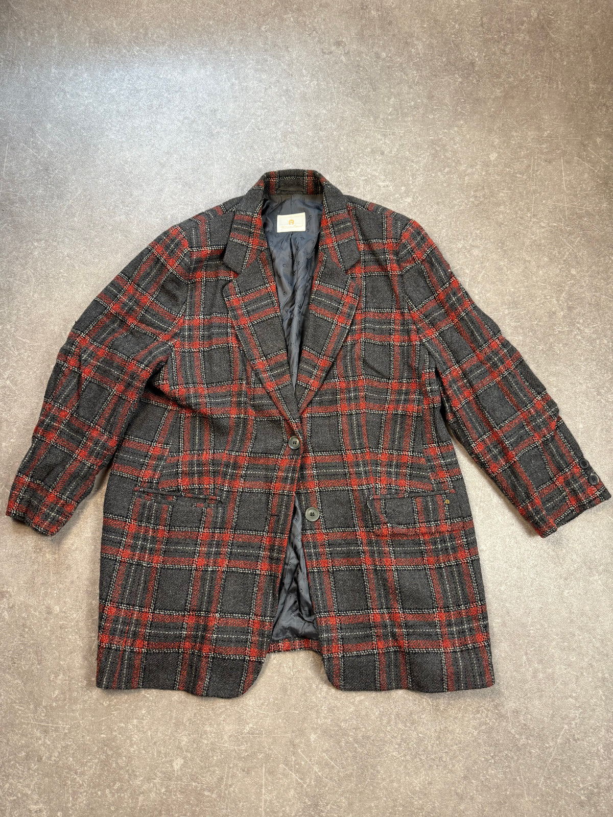 Vintage Aigner Damen Wollblazer Gr. 48 – Schurwolle Kariert Rot Grau
