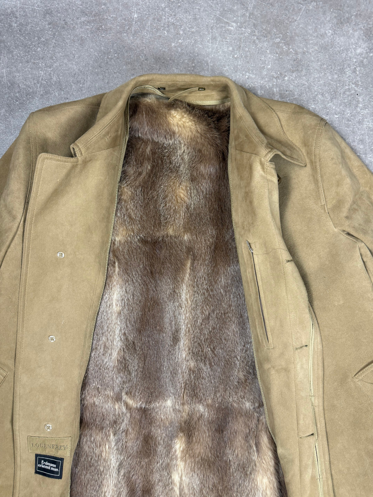 LODENFREY Vintage Herren Ledermantel mit Echtfellfutter Beige