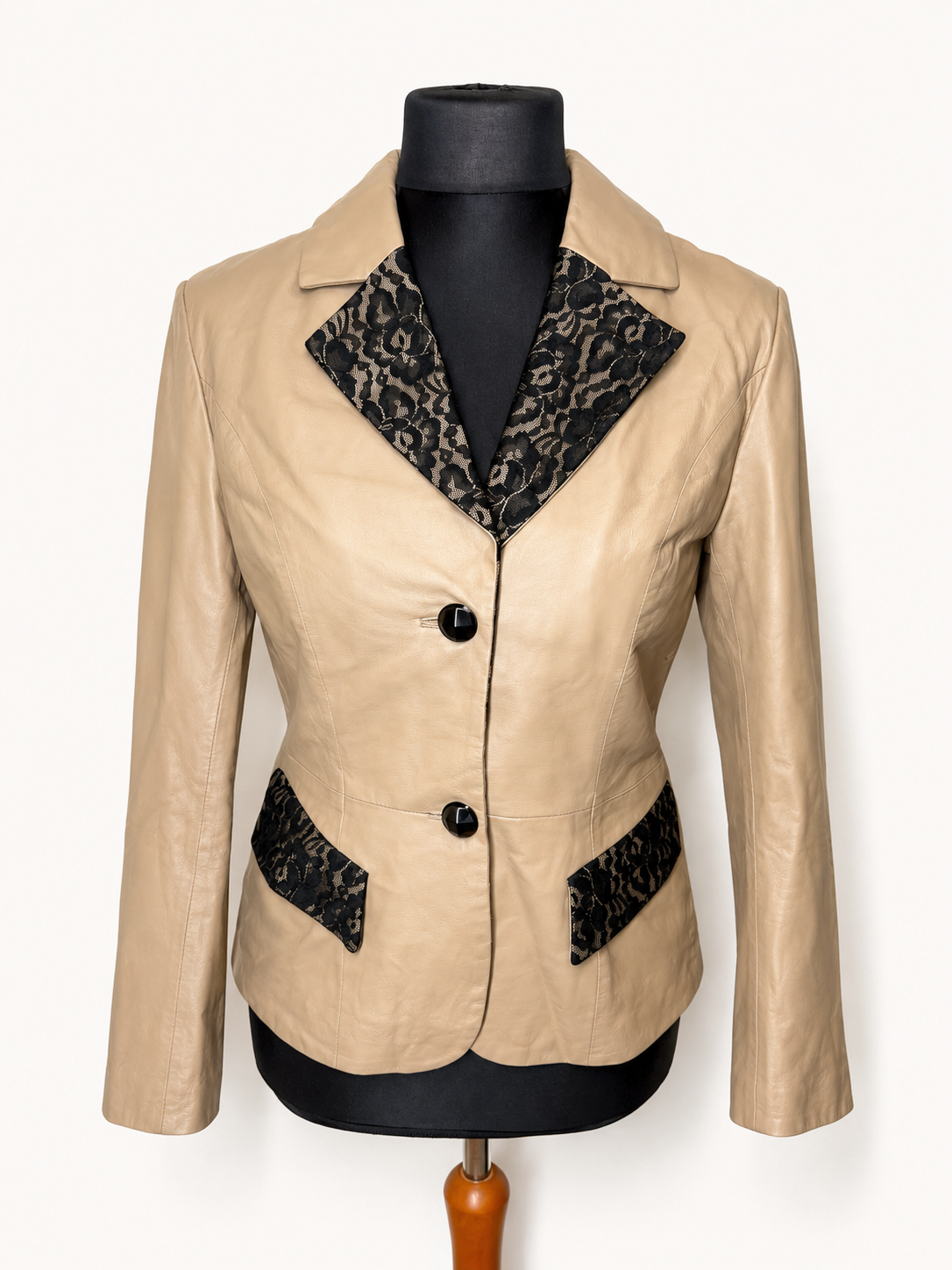 Sarah Kern Lederjacke Beige Spitze Damen Echtleder Blazer 90er Y2K Gr. 36