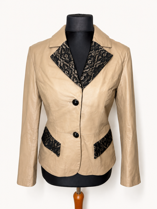 Sarah Kern Lederjacke Beige Spitze Damen Echtleder Blazer 90er Y2K Gr. 36