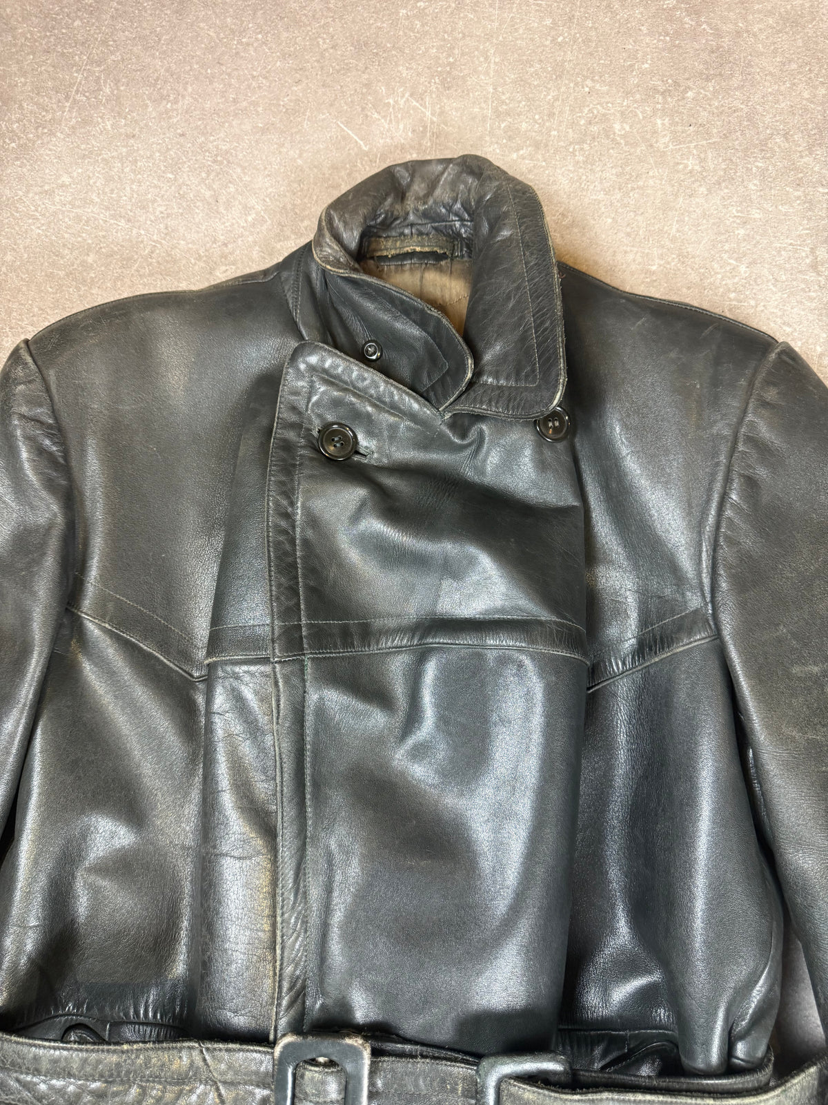 Vintage Shiva Leder Mantel Schwarz Echtleder Gürtel Motorrad Biker 70er 80er