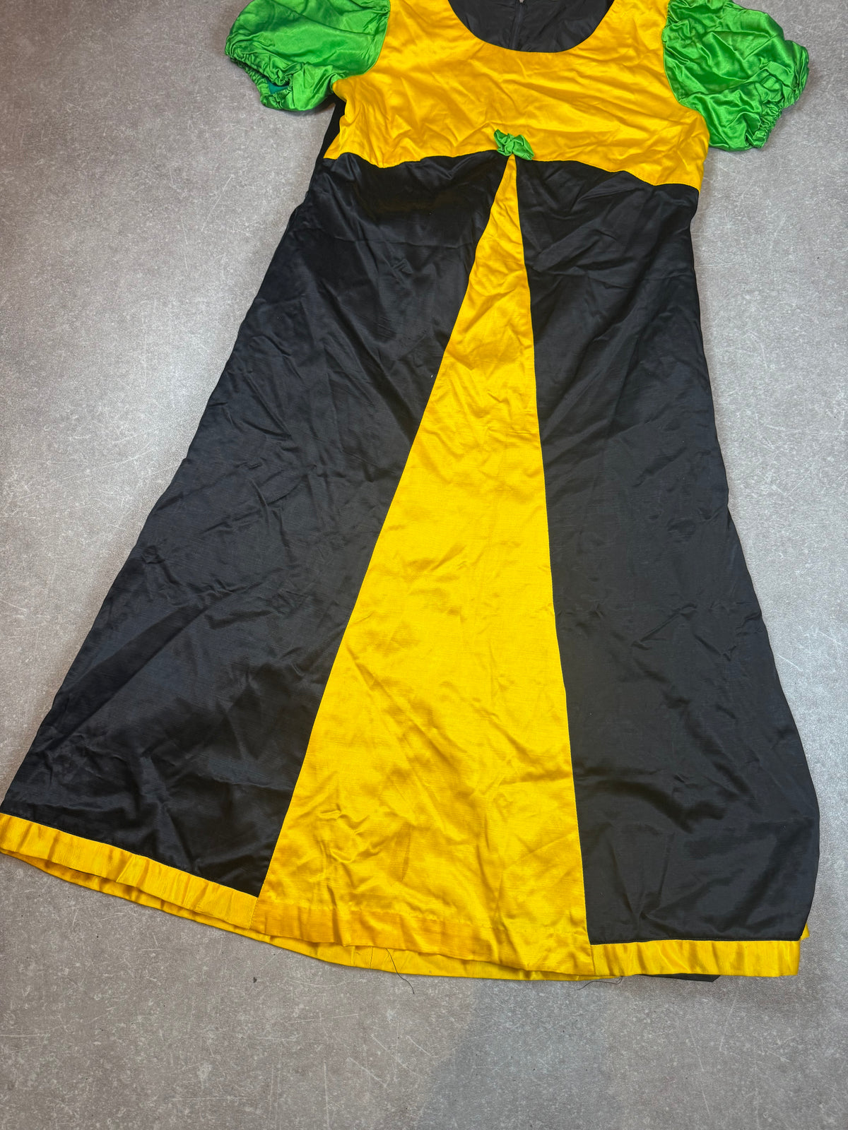Vintage Maxikleid Damen – Gelb Schwarz Grün mit Puffärmeln & Schleife