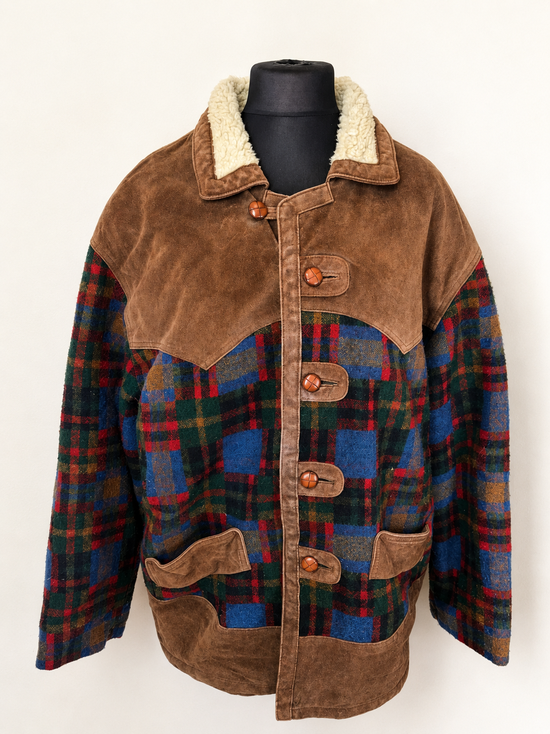 Vintage Lammfelljacke Gr. 48 Karojacke Echtleder Wolle Teddyfutter Oversize