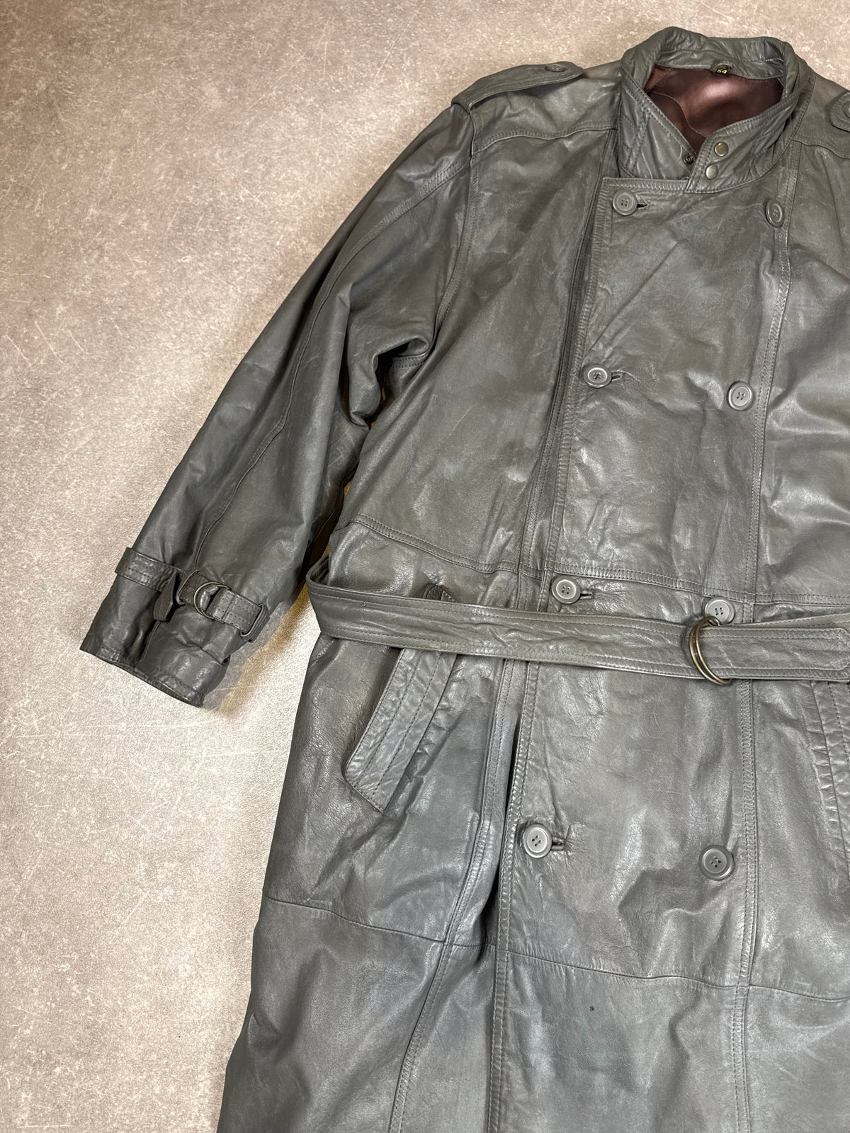 Vintage Herren Ledermantel Gr. 54 Grau Echtleder Trenchcoat mit Gürtel