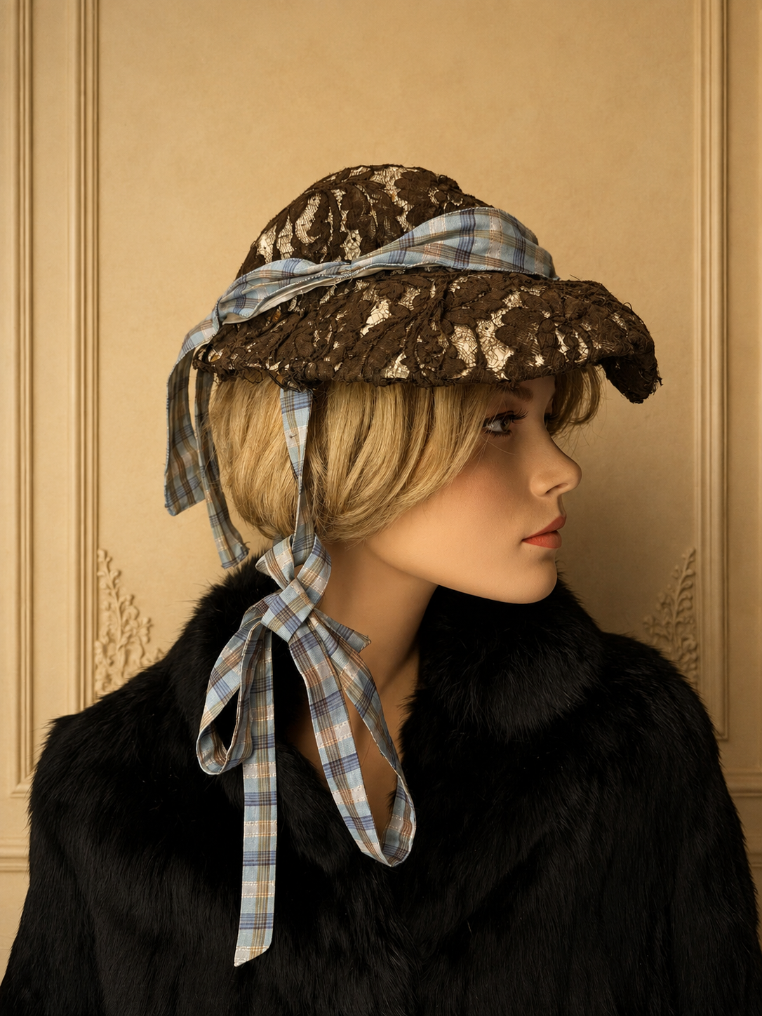 Historischer Vintage Damen Spitzenhut – Strohgeflecht, breite Krempe & Bindebänder