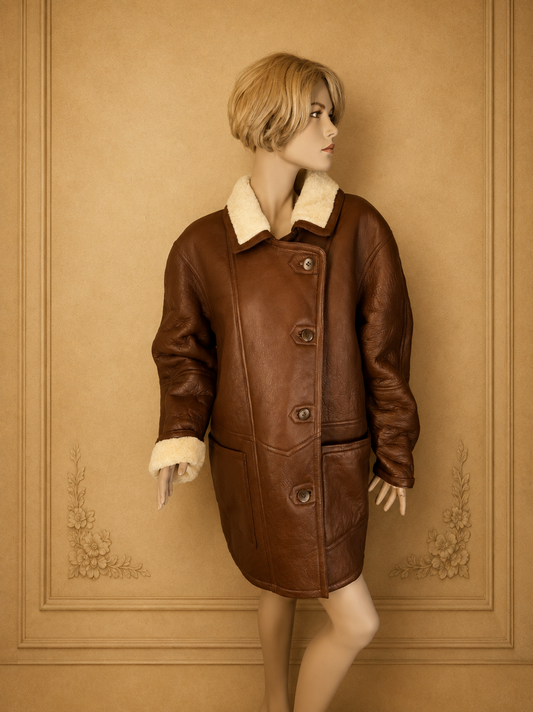 Vintage Lammfellmantel  Gr. 42 – Echtleder Braun Shearling Wintermantel