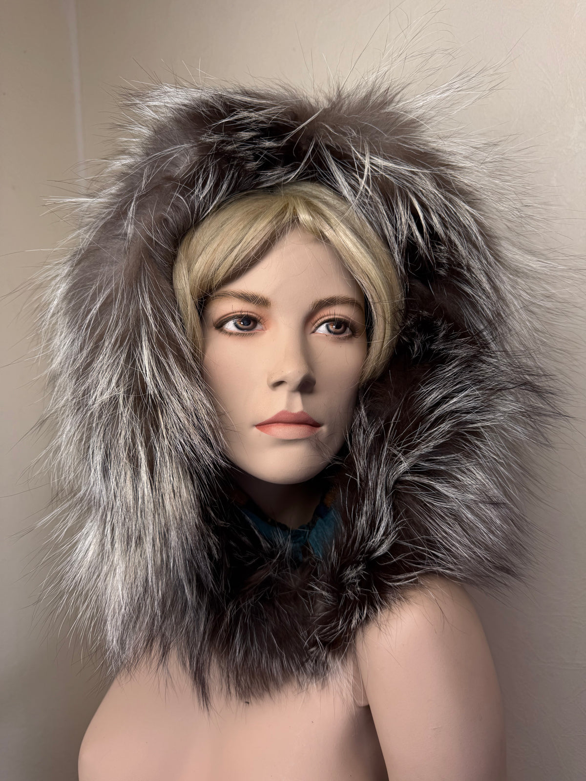 Vintage Veloursleder Kapuze Mit Silberfuchs Echtfell Blau Türkis Fellkapuze Pelzkapuze Fox Fur Hood