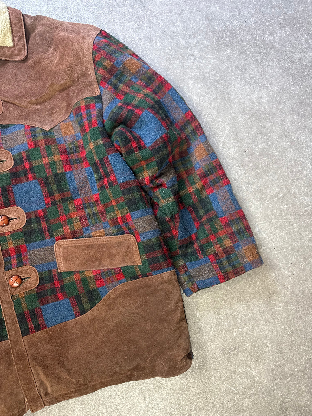 Vintage Lammfelljacke Gr. 48 Karojacke Echtleder Wolle Teddyfutter Oversize