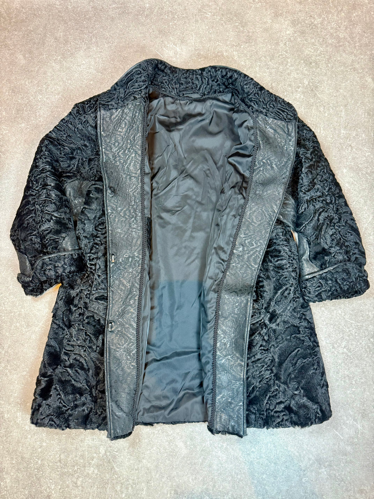Vintage Persianer Pelzjacke Schwarz Karakul Lammfell Damen Echtpelz Leder Gr. M/L