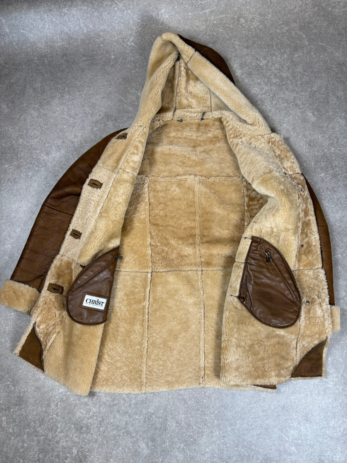 CHRIST Lammfellmantel Damen Braun Vintage Echtleder Shearling Kapuze