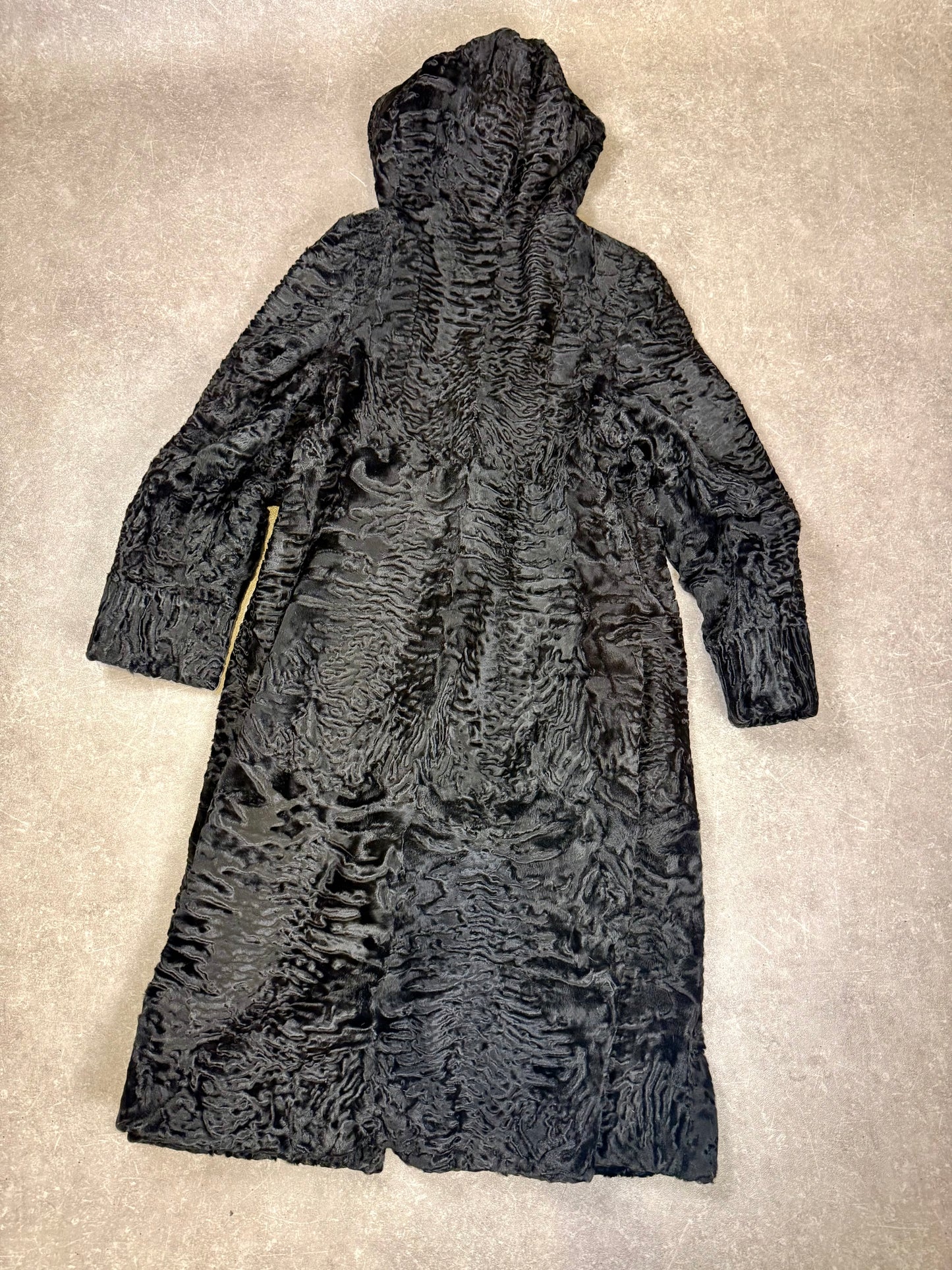 Vintage Persianer Pelzmantel Karakul Lammfell Schwarz Kapuze Damen Echtpelz L