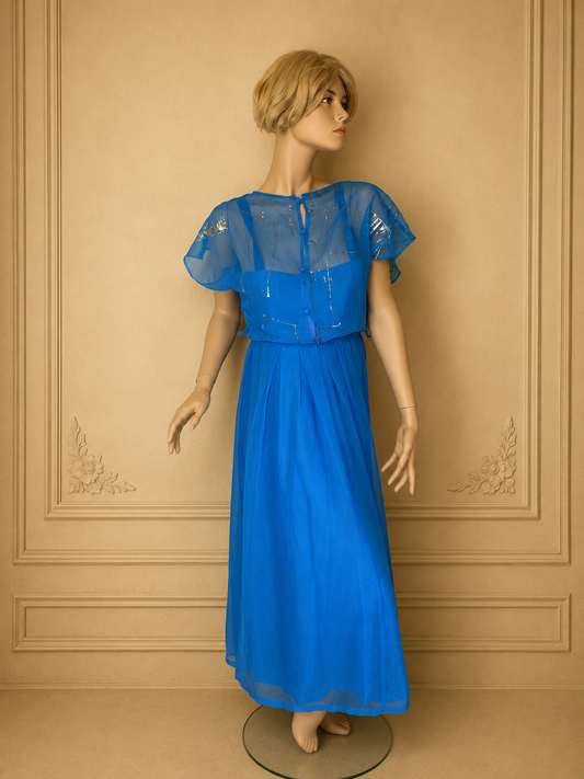 Vintage Abendkleid Blau Hellblau - Maxikleid mit Chiffon Cape & Golddekor