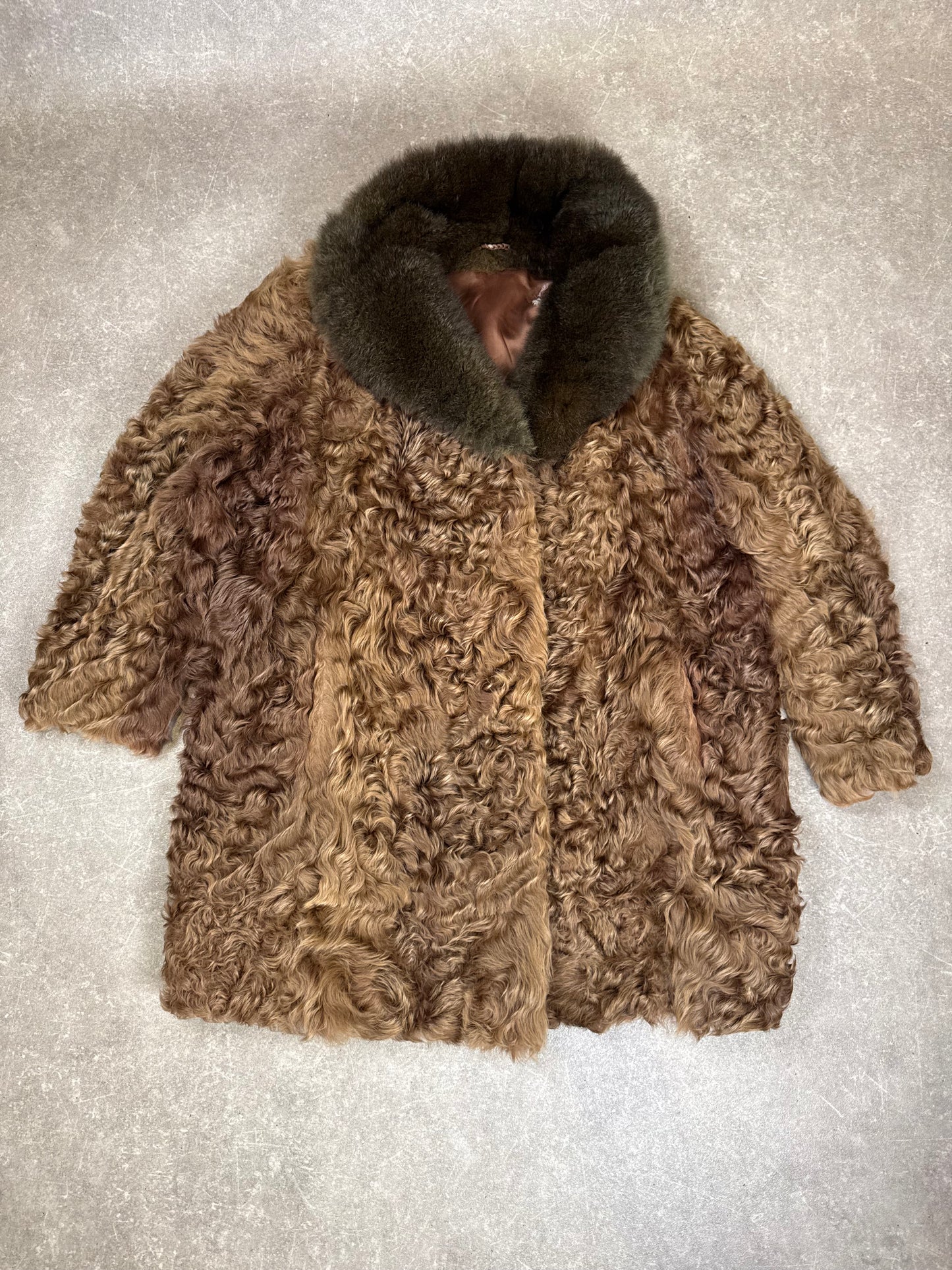 Vintage Persianer Pelzmantel Karakul Astrachan Nerzkragen Echtpelz Damen XL
