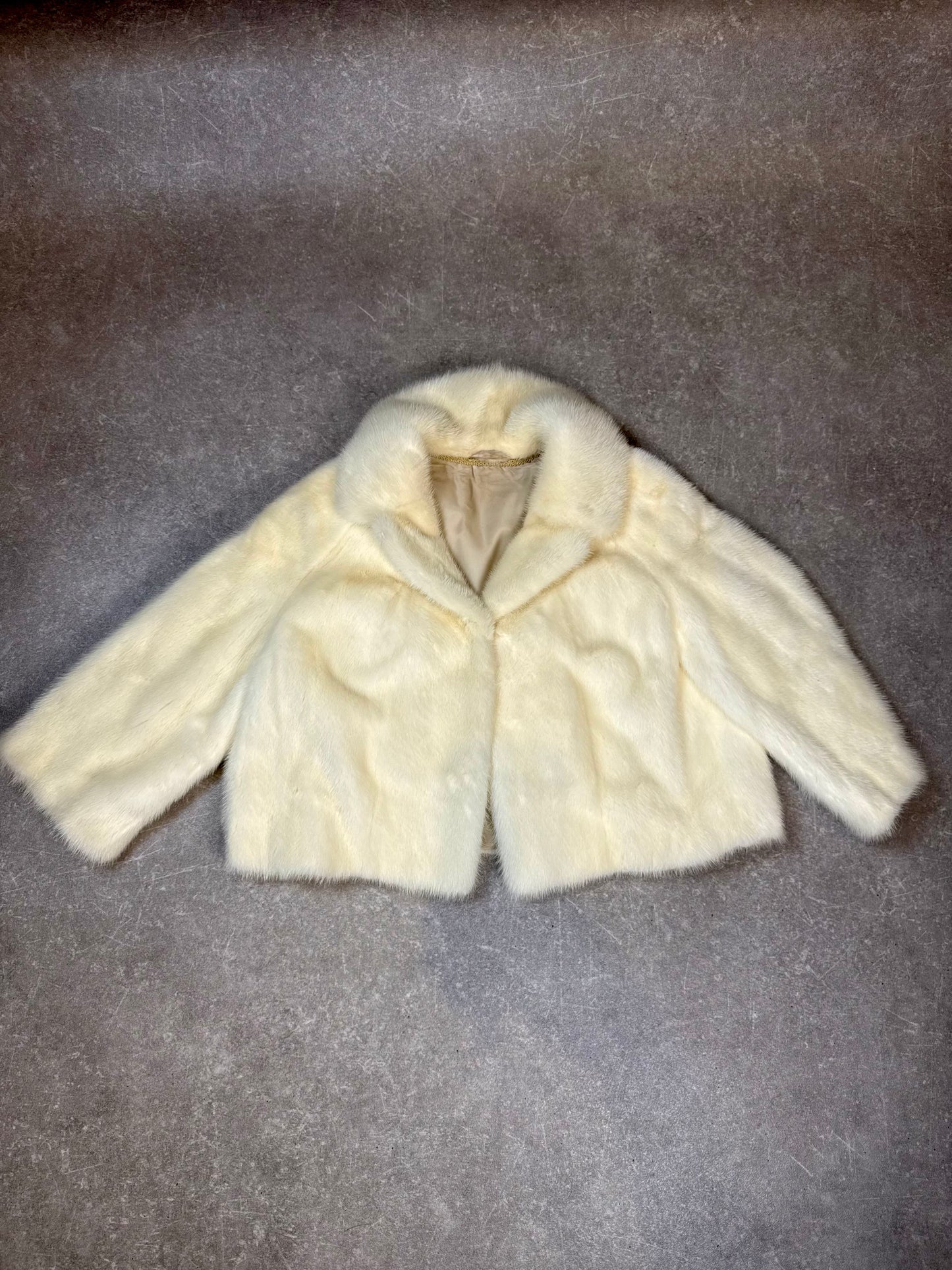 Vintage Nerzjacke Creme Weiß – Echter Nerz Pelzjacke Kurzjacke Schalkragen | Damen Größe M-L