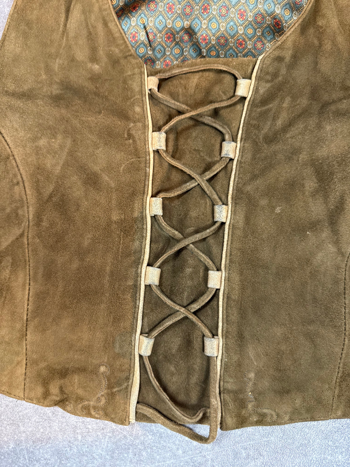 Vintage Damen Wildlederweste Braun Schnürung Trachten Boho Lederweste