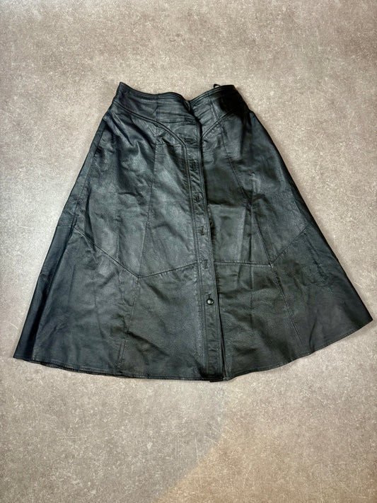 Vintage Damen Lederrock Schwarz Gr. 46 Echtleder A-Linie Lang
