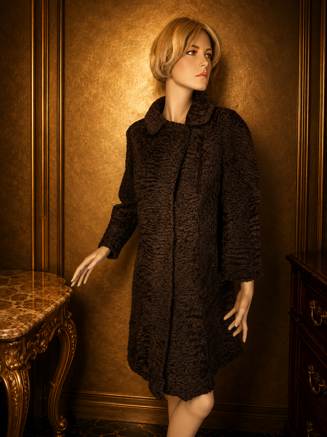 Vintage Persianer Pelzmantel Karakul Lammfell Braun Damen Mantel Echtpelz Gr. L